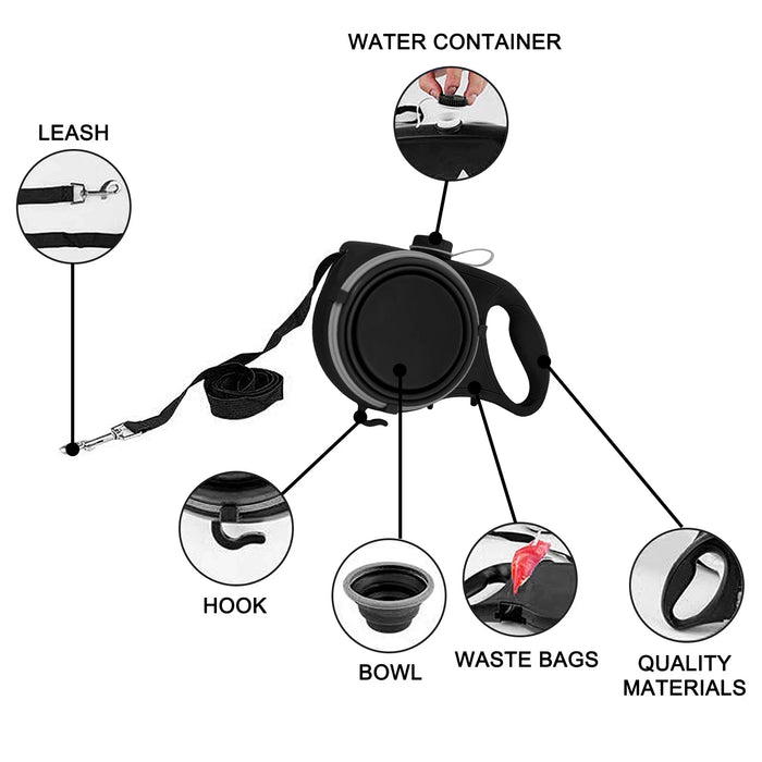 Interelements Multifunktionale Hundeleine mit Wasserflasche, Napf und Kotbeutelspender