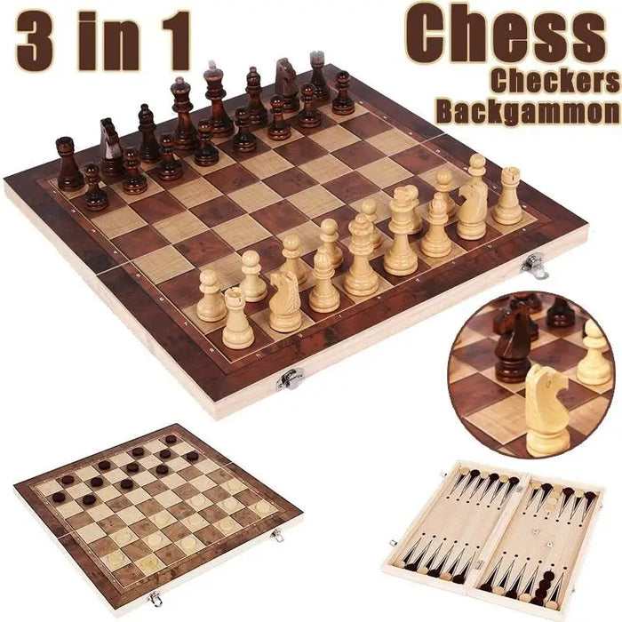 Interelements 3-in-1 Chessboard – Foldable wooden game board for chess, checkers and backgammon