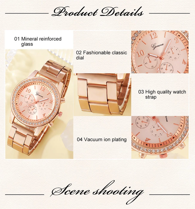 Interelements Luxus Rose Gold Armbanduhr, Ring, Halskette, Ohrringe & Armband"