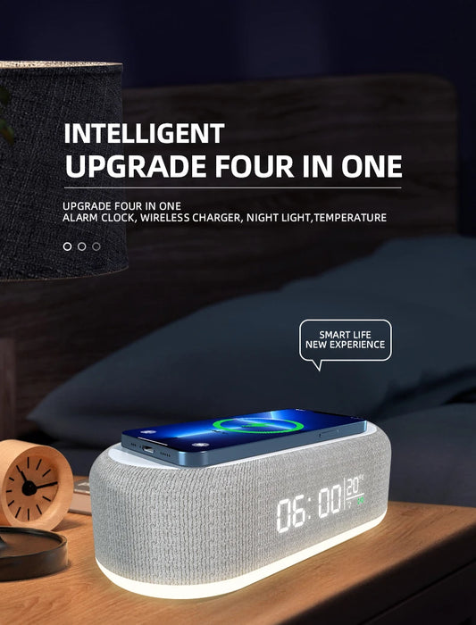 Interelements Multifunktionale Wireless Charger Wecker-Station – 15W Schnellladung mit LED-Licht, Thermometer & mehr